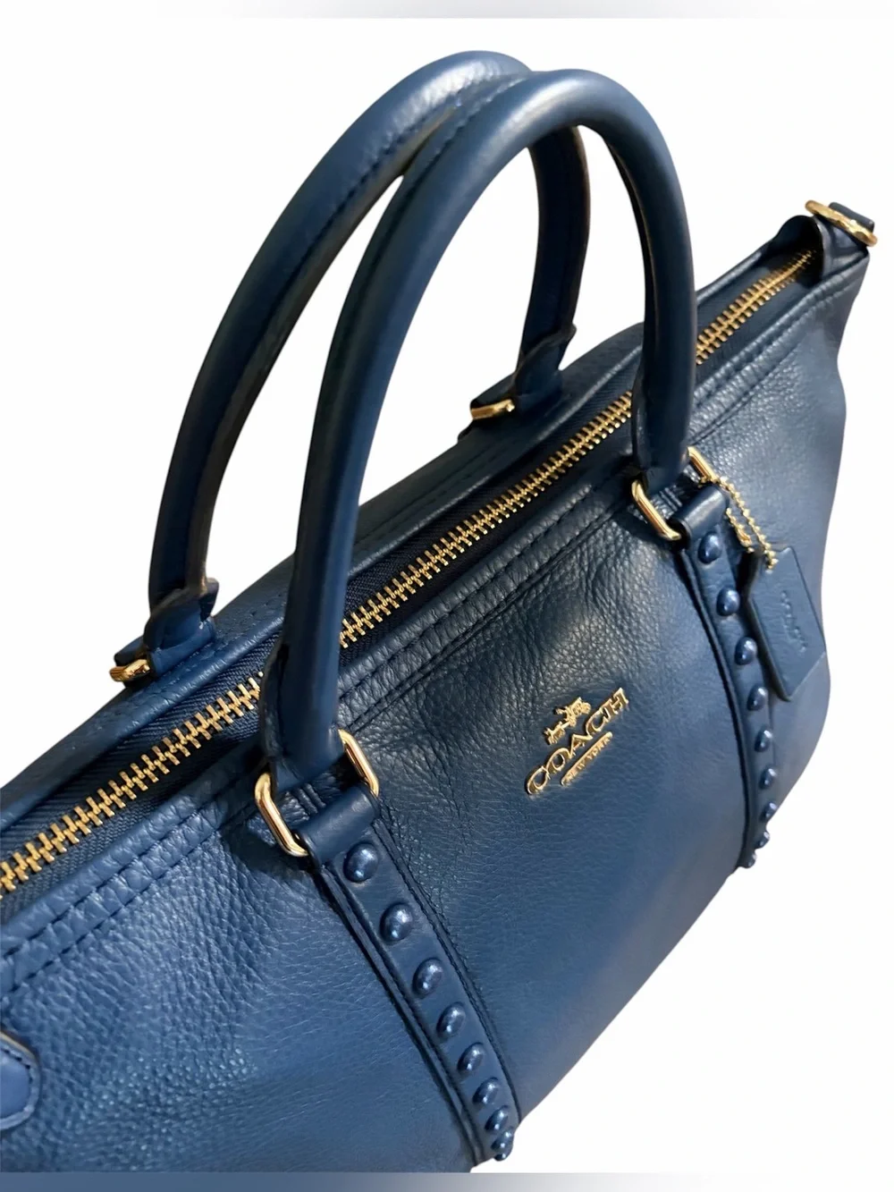 Coach Blue Central Studded Pebble Leather Satchel - Picture 6 of 11
